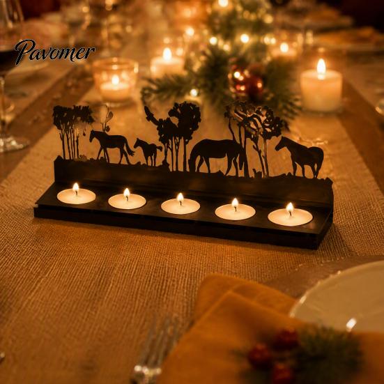 Modern Tabletop Centerpiece Metal Iron Christmas Horse Tree Candlestick, Forest Shadow Candle Minimalist Style Art Holder, for Holiday Mantel