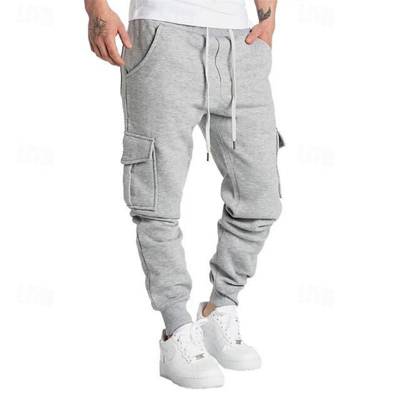 Mens Retro Casual Cargo Pants Loose Multi Pocket Drawstring Long Trousers