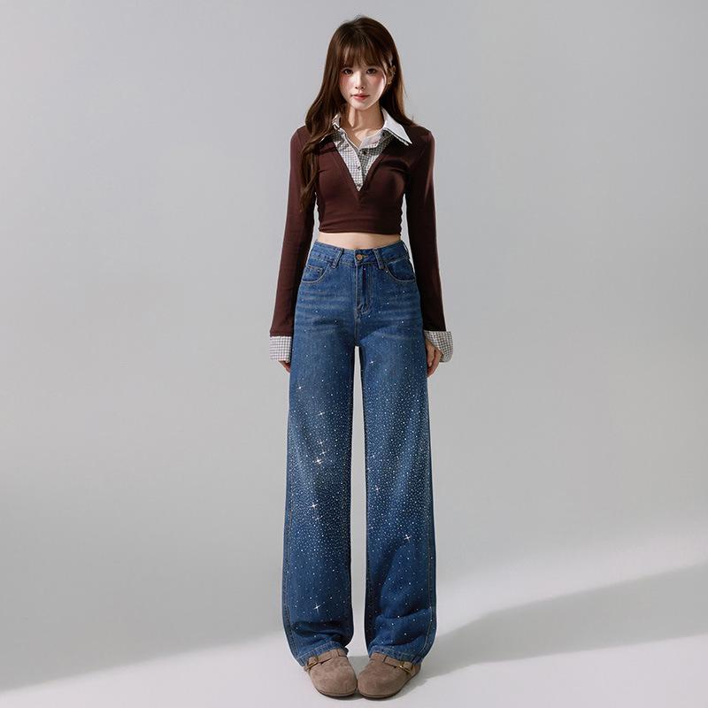 

American Retro Rhinestone Straight-Leg Jeans - Women s Spring 2026 Trendy Loose Wide-Leg Slimming Pants 2XL
