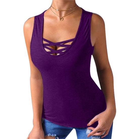Plus Size Summer Solid Color Women Cross Strap Round Neck Tank Top Slim Fit Vest