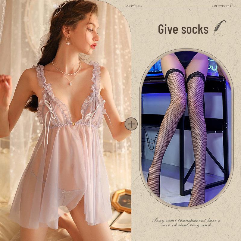 Temptation See-Through Hollow Out Chest Slit Sexy Sleepwear Lingerie Nightgown 814