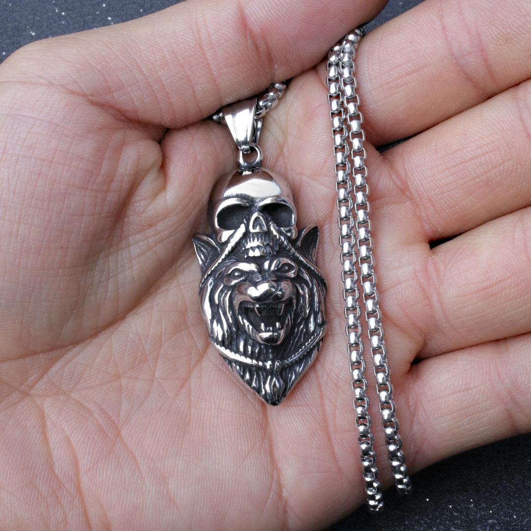 European and American Exaggerated Lion Head Necklace Halloween Dark Wind Ghost Skull Titanium 60CM