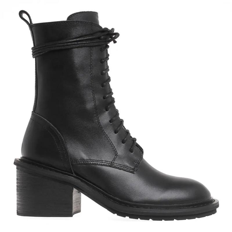 2025 Winter Brand High Quality Chic Cool Ankle Boots Women Fashion Black Block Heels Lace-up Zipper Motorcycles Boots Shoes