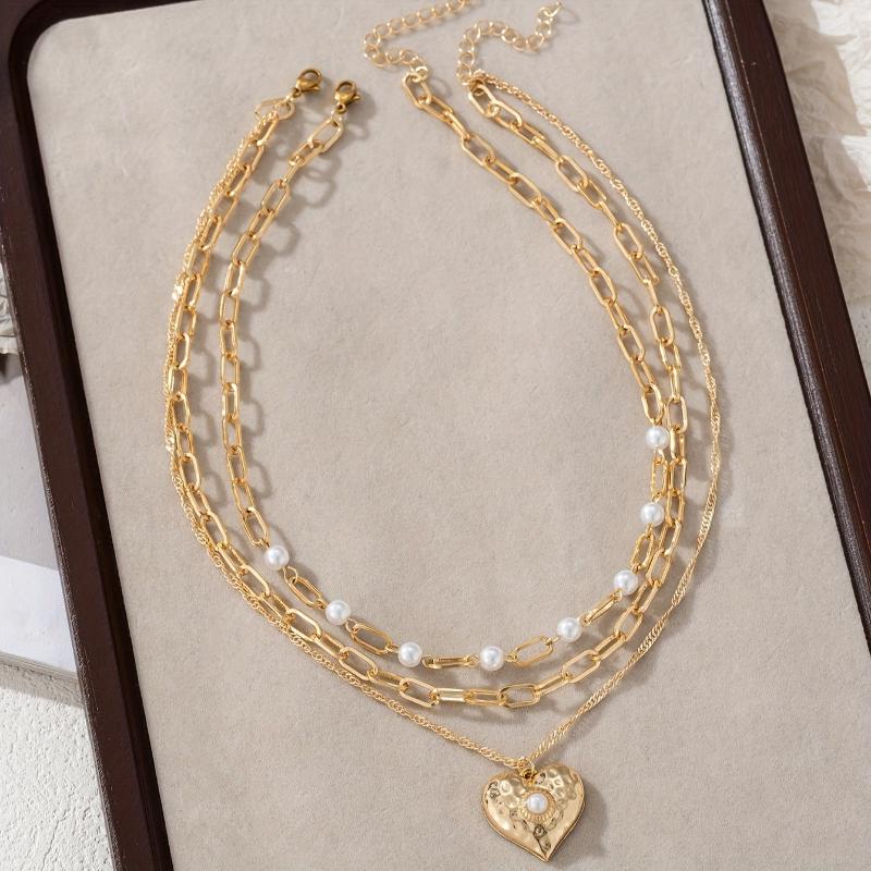 3pcs  Necklaces Elegant Women'S Love Pendant Imitation Pearl Beaded Multi-Layer Chain Party Banquet Jewelry