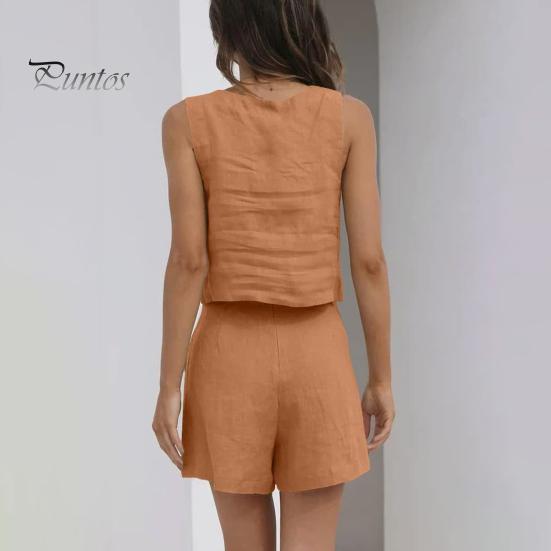 2 Pcs/Set Women Tank Top Shorts Set Square Neck Sleeveless Loose Top High Waist A-line Trousers Casual Daily Wear Vest Pants Set