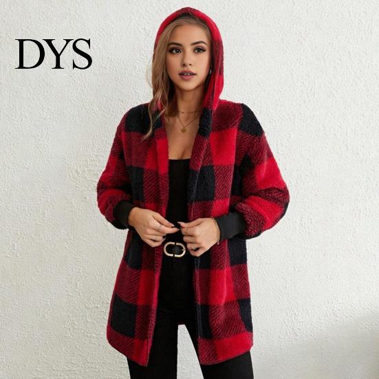 Women Button-up Sweater Coat Open Front Hooded Long Sleeve Easy To Wear Cardigan Plaid Print Knitting Loose Fit Mid-length Knitwear Cozy Knit
