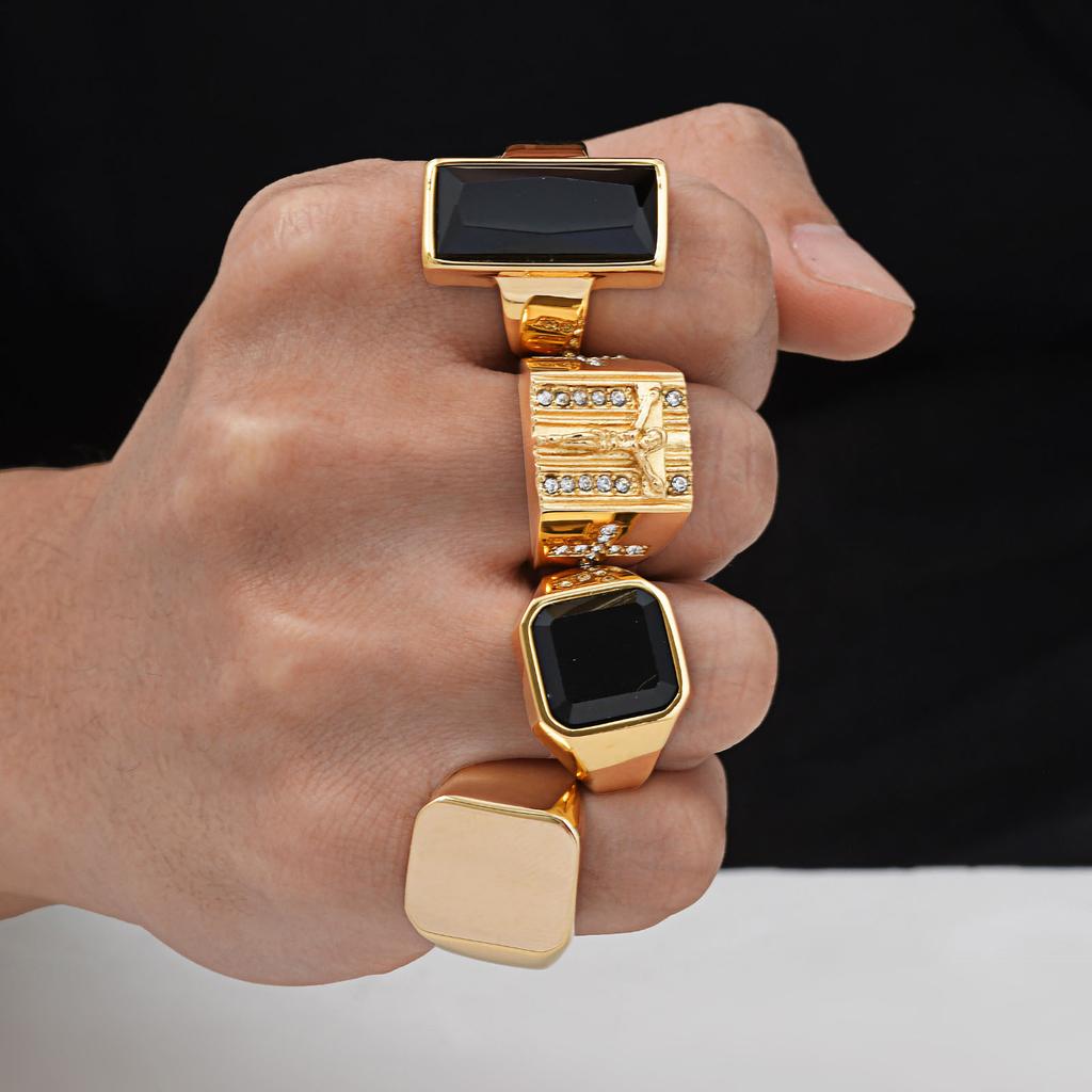 Vnox Stylish Gold Plated Rings for Men, Stainless Steel Geometric Square Stone Signet Ring, Punk Rock Cool Gifts for Him Jewelry