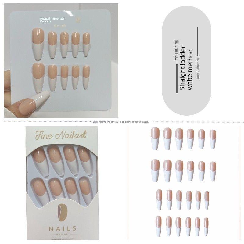 

Summer Color Wear Armor Macaron Gradient Nail Stickers Dopamine Long Ladder Fashion Sexy Finished Product Fake Nail Tip 93-Straight Ladder White Method