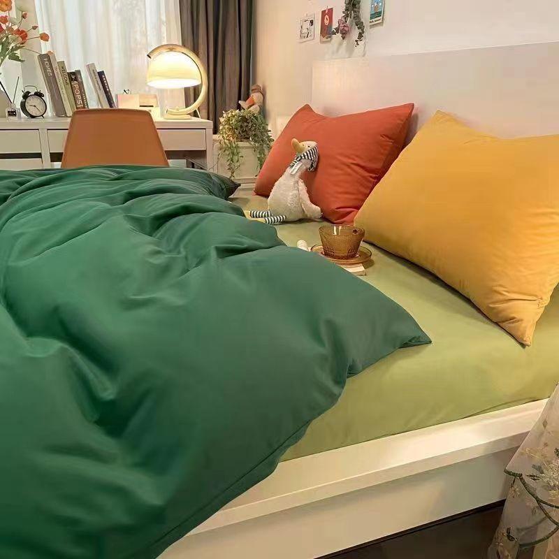 

Double-Piece Washed Cotton Duvet Cover Four-Piece Set Minimalist Ins Nordic Style Dormitory Bed Sheet Quilt Cover Three-Piece Bedding 4 150*200cm single quilt cover Dark Light Green YY