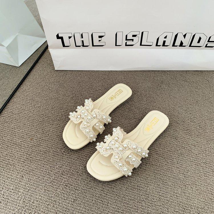 One-word Drag with Skirt Summer New Fairy Small Fragrant Slippers Female Outer Wear Pearl Soft Bottom Soft Surface Cool Slippers