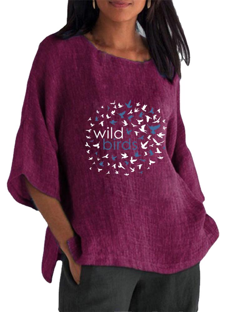 

Women Fashion Cotton Linen 3/4 Long Sleeve Top Spring&summer O Neck Print Shirt Ladies Pullover Loose Blouse 5XL