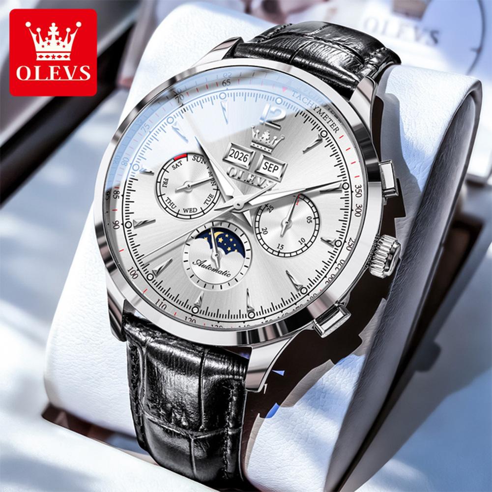 OLEVS Brand New Fashion Moon Phase Original Mechanical Watch Men Leather Strap Waterproof Week Calendar Automatic Watches Mens