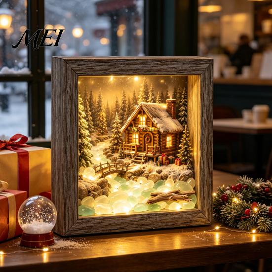 Wooden Landscape Ornament Christmas Snowy Night Light Picture Frame, Vintage Frame 3D Mini Lighted Shadow Box Lamp, Desktop Atmosphere Decor