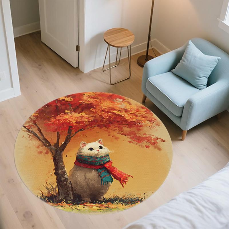 Cat with Leaf Scarf,Round Area Rug,Carpet Rug for Living Room Bedroom Sofa Playroom Decor,Non-slip Floor Mat