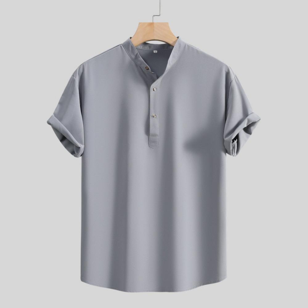 

2026 Summer New Men s Short-sleeved Shirt Fashion Casual Loose Comfortable Solid Color Cardigan Lapel Beach Men s Short-sleeved Shirt S сірий