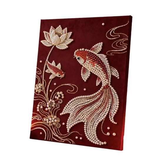 DIY Pearl Painting Kit for Adults Beginners Fancy Carp Butterfly Designs 3D Pearl Art Craft Kit Pre-Printed Canvas Resin Pearls Set for Wall Decor