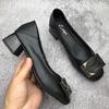French Square Head Thick Heel Single Shoes Autumn New Mid-heel Professional High Heels Rubber Sole Soft Leather Single Shoes