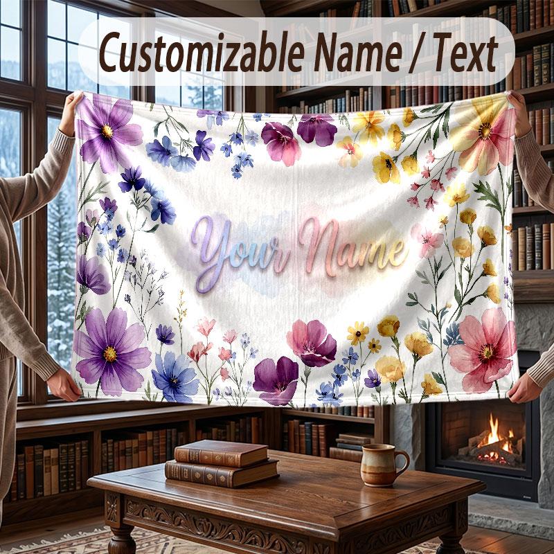 Floral Garden Theme Throw Blanket Custom Name Text Personalized Blanket Soft Cozy Blanket for Home Sofa Bed