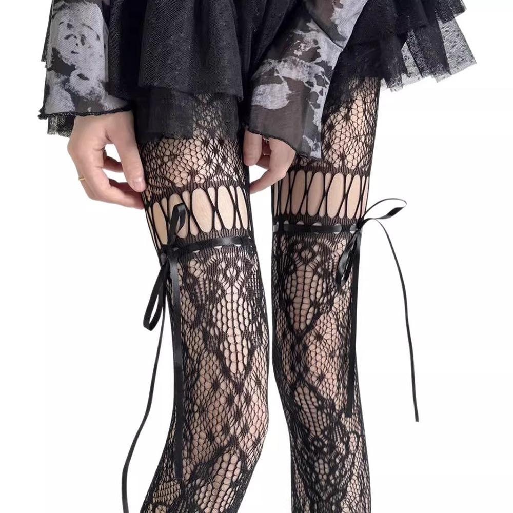 

Lace Stockings For Women Spring Summer Cute Bow Tie Lace Tights Sexy Hollow-Out Fishnet Pantyhose For Girls Club Party Socks One Size