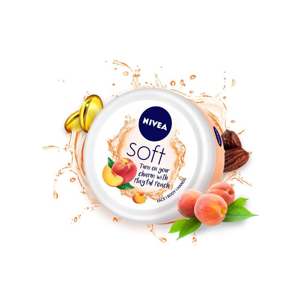 Nivea Soft Peach Moisturizer 100ml For Face Hands Body Light Hydration Vitamin E Jojoba Oil Non Greasy Cream All Skin Types