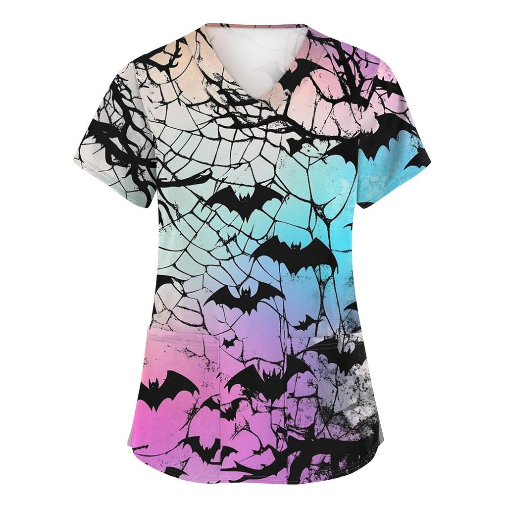 Women's Fashion V-neck Short-sleeved Work Uniform With Pockets, Halloween Print Top