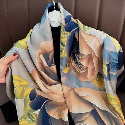 Classic Premium Blue Rose Silk Scarf New Shade Sunscreen Air Conditioning Office Shawl Dual-purpose Large Square Scarf