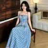 Retro Plaid Suspender Dress Women's Summer New Square Neck French Temperament Splicing Waist Long Dress