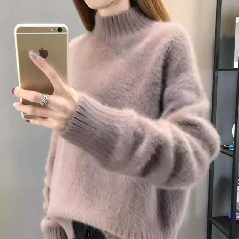 Women Sweaters Imitation Mink Fur Thick Soft Plush Turtleneck Casual Knitted Tops Warm Loose Pullover Sweater