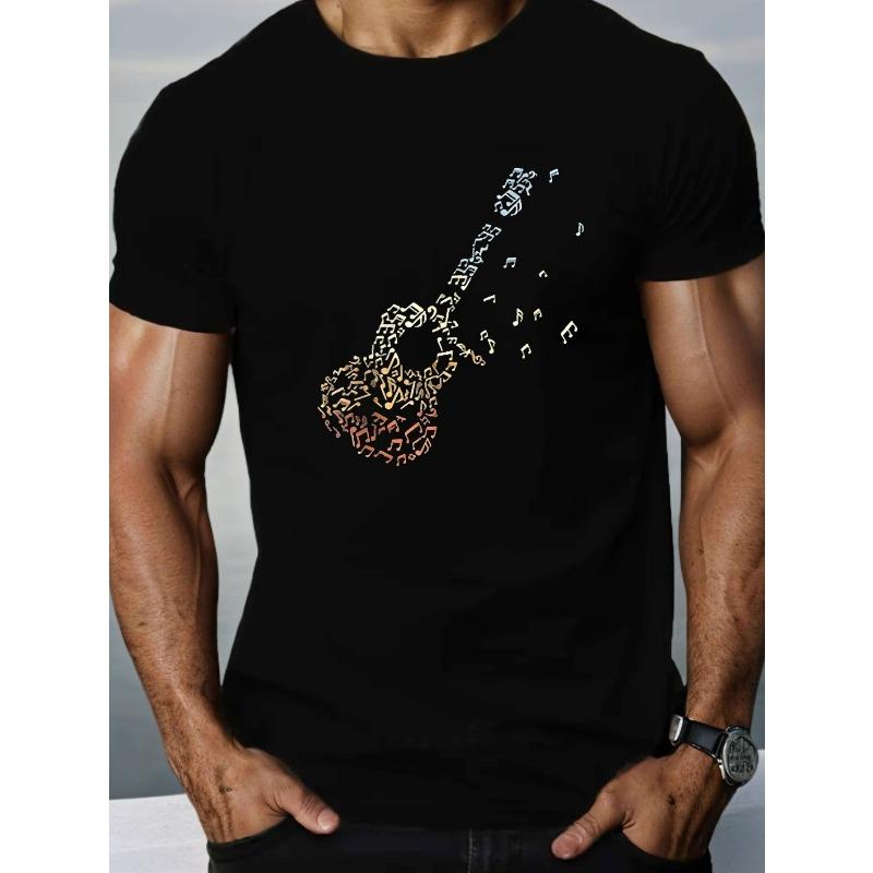 European Size Men'S Summer T-Shirt with Guitar Music Notes Short Sleeves