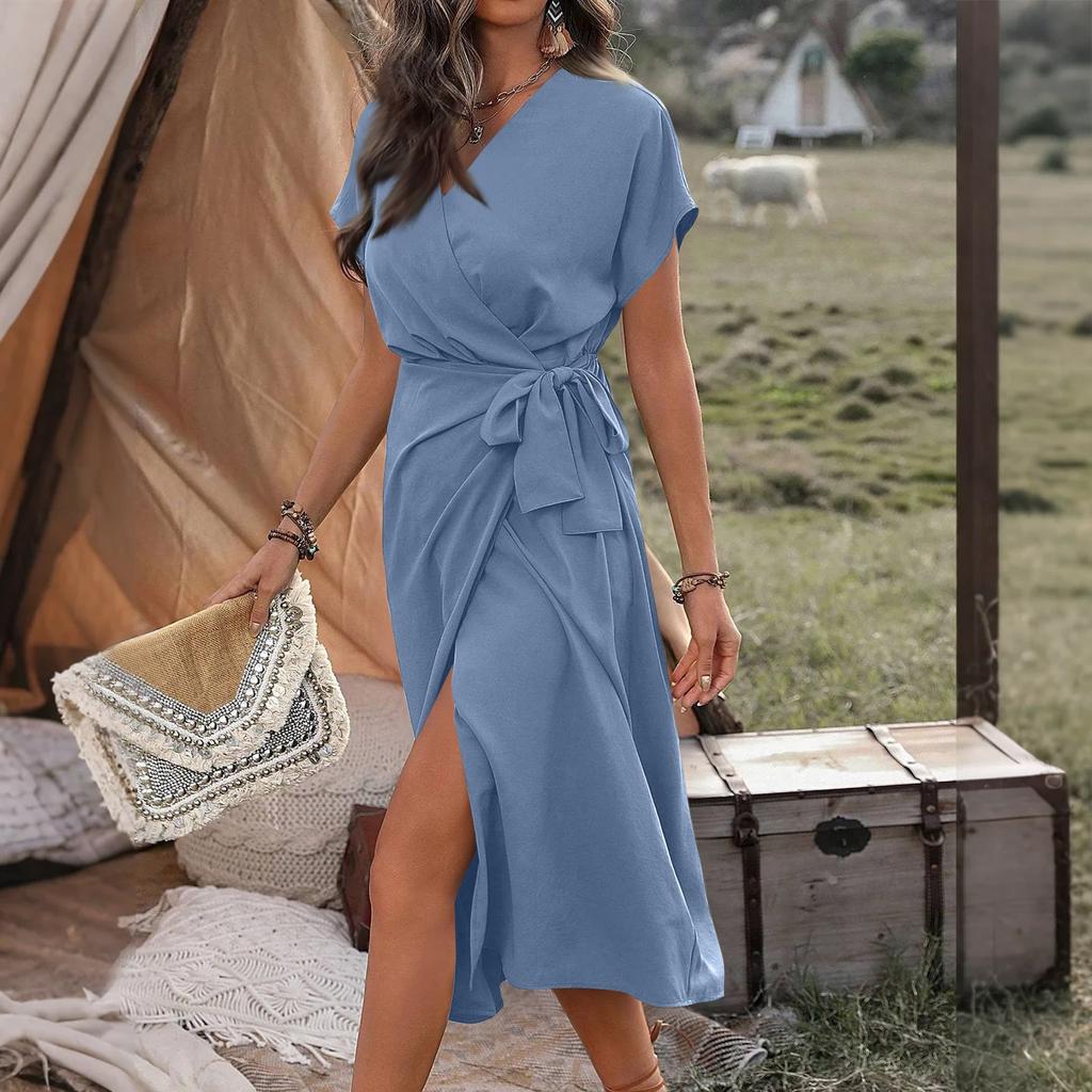 Women's V Neck Wrap Dress Twisted Slit Pleated Waist Tie Short Sleeve Summer Midi Dresses