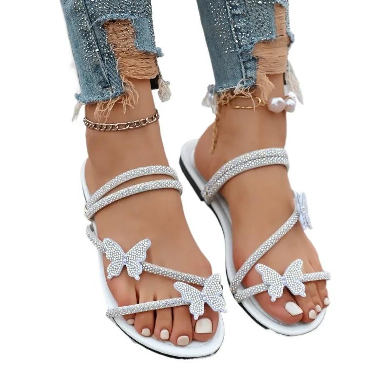 

Fashion 2025 Summer New Women’s Plus Size Sandals Outdoor Round Toe Narrow Band Crystal Butterfly Slippers for Beach Daily Slippers 36 белый