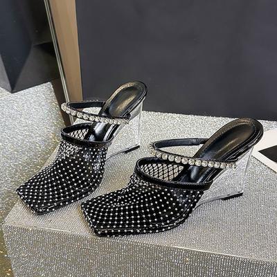 Fashion Liyke New Summer Women's Sandals Rhinestone Mesh High Heels Footwear Elegant Square Toe Transparent Wedges Shoes Pumps Slippers