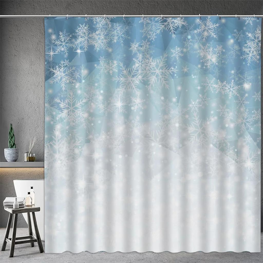 Christmas Shower Curtain, Winter Snowman Santa Claus Snowflake Gnome Farm Truck Berry Christmas Tree Cartoon Bathroom Decoration