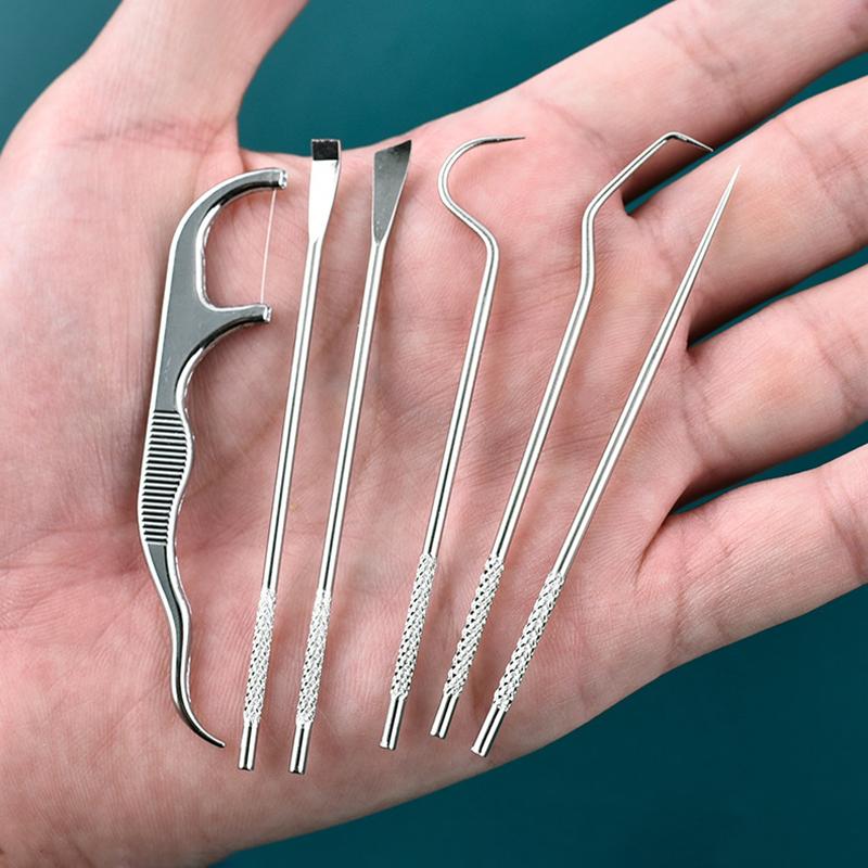 7PCS Stainless Steel Toothpick Set Portable Toothpick Holder Care Metal Dental Cleaning Tools Seven Pieces Set