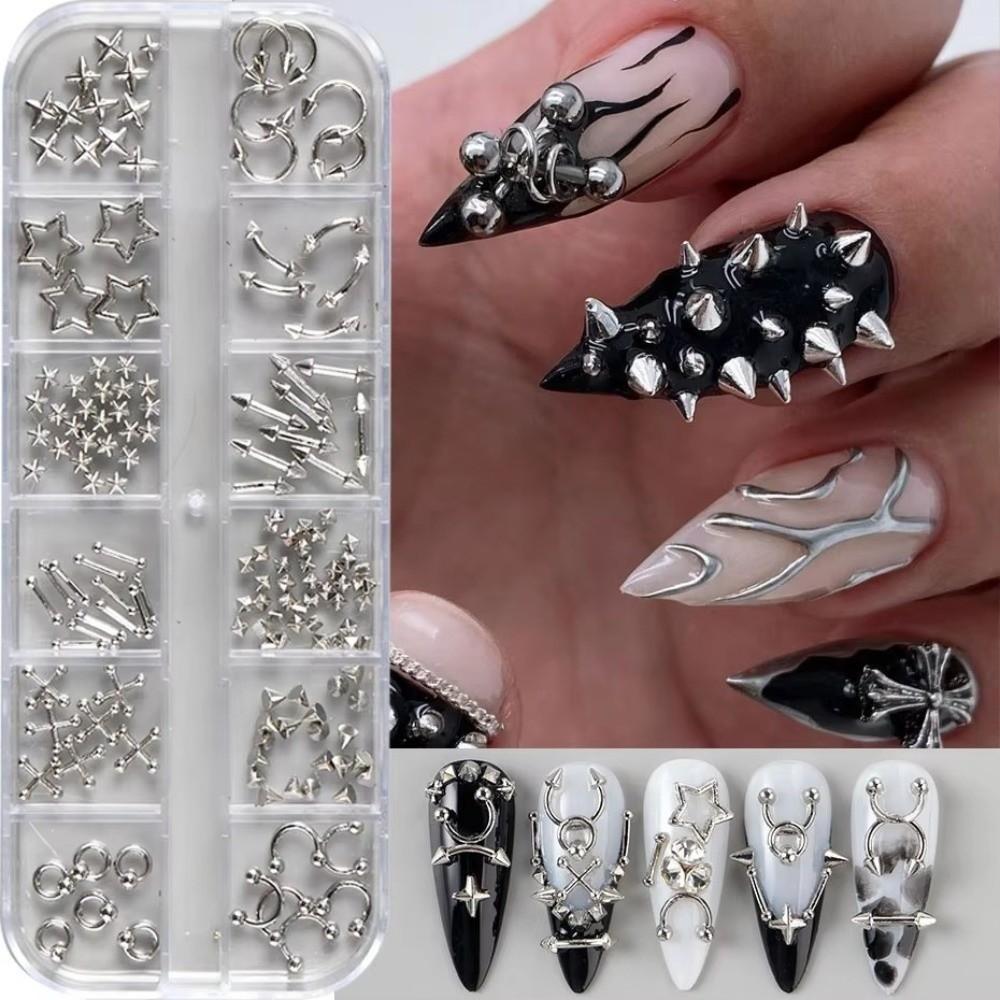 New 12 Grids Nail Charms Silvery Golden Alloy Nail Decor Y2K Self-Adhesive Manicure Accessories
