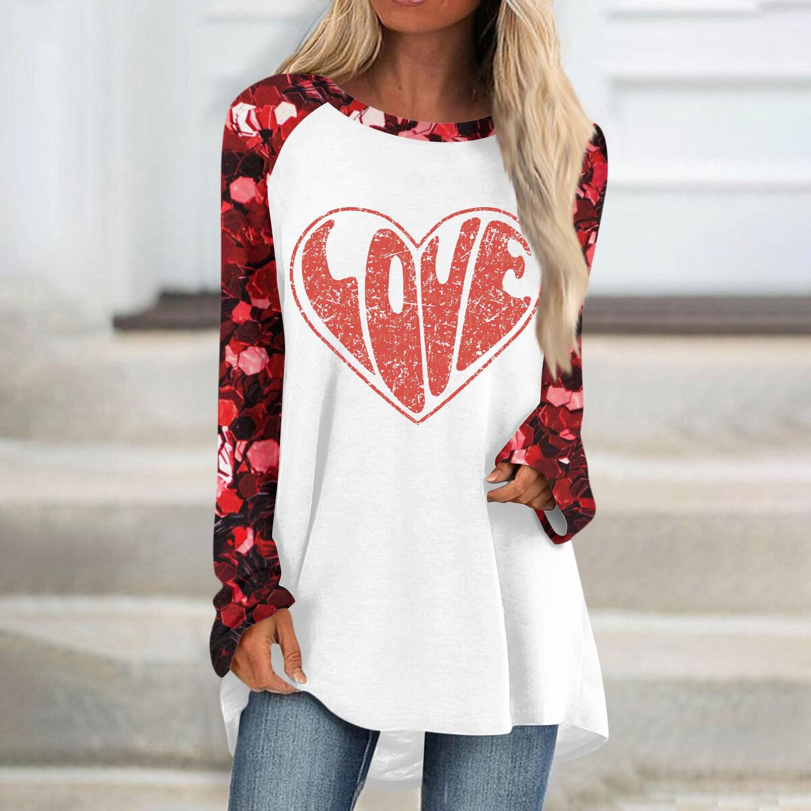 

Женский модный универсальный топ с длинным рукавом и средней длиной с принтом в виде сердечек ко Дню святого Валентина L