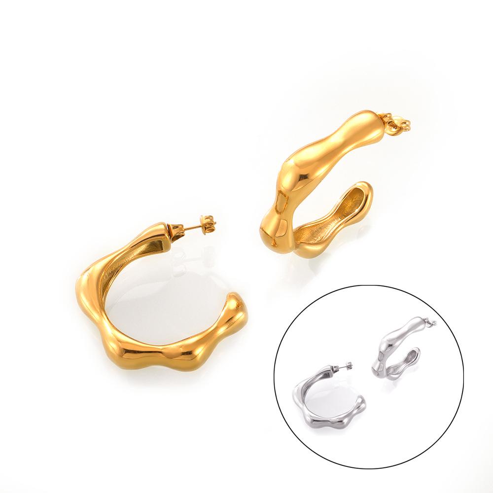 Elegant C-Shaped Stud Earrings, European/American Style, Irregular Design, Titanium Steel, Real Gold Plated, Cold & Sophisticated Appeal