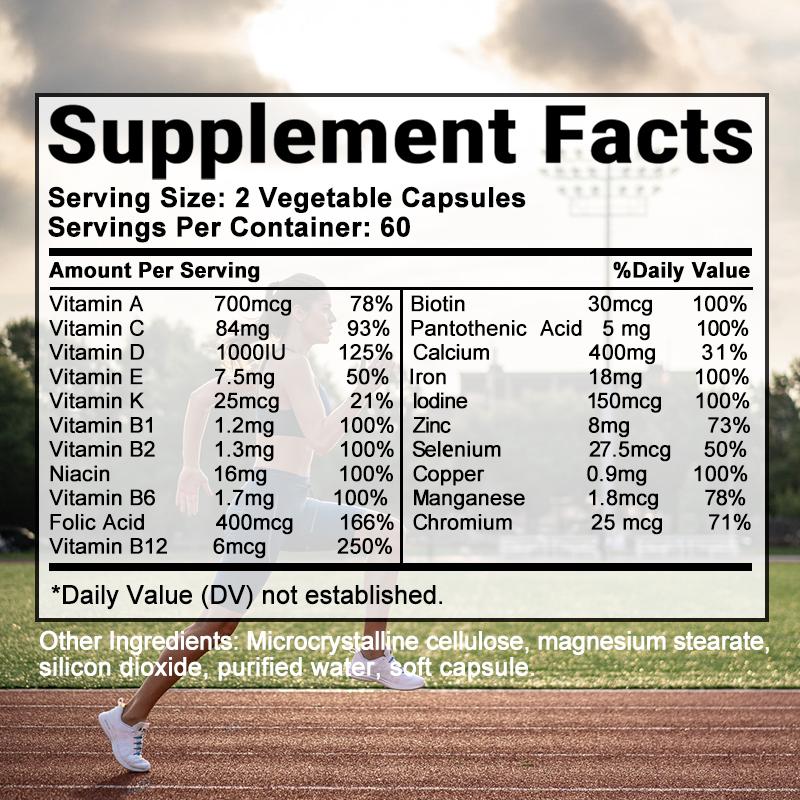 Bcuelov Komplex Vitamin Kapseln 21 Vollspektrum-Vitamine und Mineralstoffe, die Folsäure, Eisen und Biotin zur Stärkung des Immunsystems enthalten