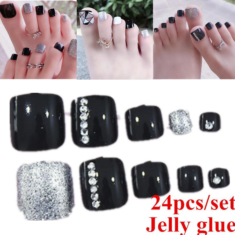 Buy 24pcs/set Jelly Glue 3 Styles False Toe with Designs Fake Nails