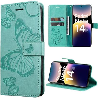 Protective Case - E.F.CONNECTION - For Xiaomi Redmi Note 14 Pro 5G - Anti-scratch - Butterfly Pattern - Green PU Leather