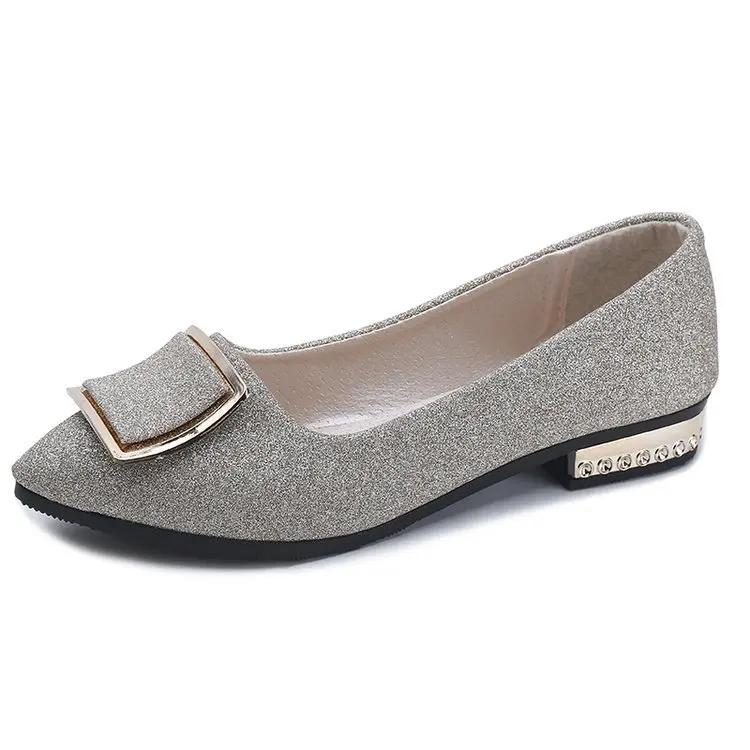 Shoes Women Women Sequins Shallow Square Buckle Slip On Low Heel Shoes Pointed Single Shoes Lady Leather Thick Single