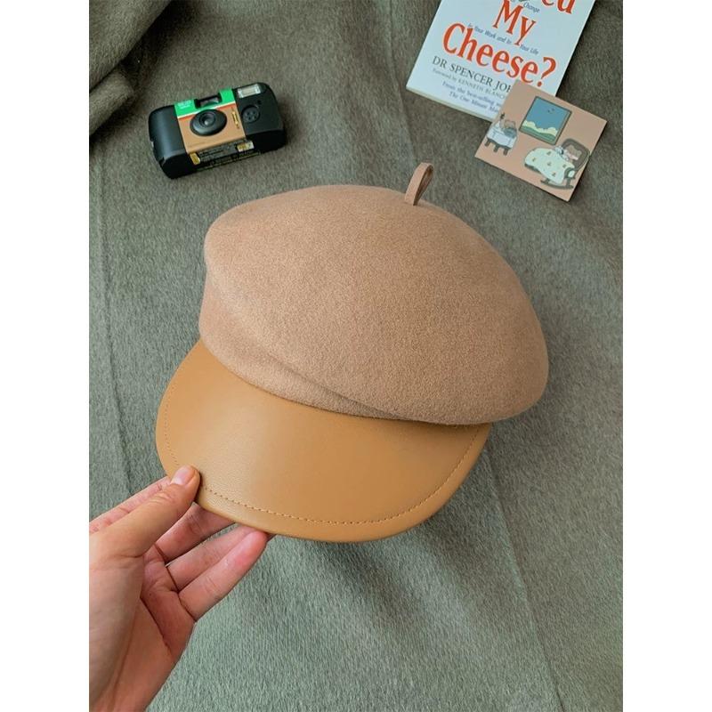 French Elegant Wool and Leather Octagonal Hat Women's Autumn and Winter Trendy Versatile Little Painter's Hat  Newsboy Hat