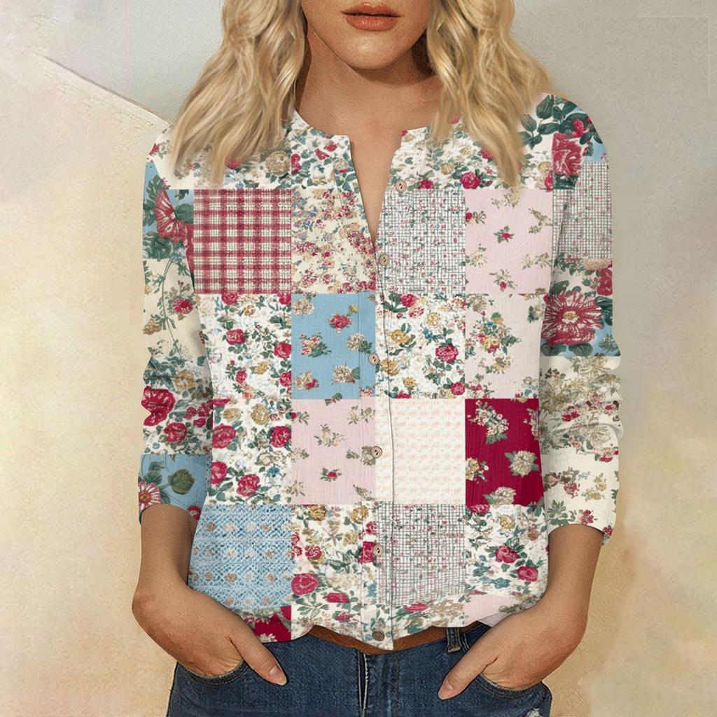 Women Vintage Floral Print Patchwork Henley Button Neck Three Quarter Sleeve Cotton Linen Shirt Casual Loose Fit Blouse