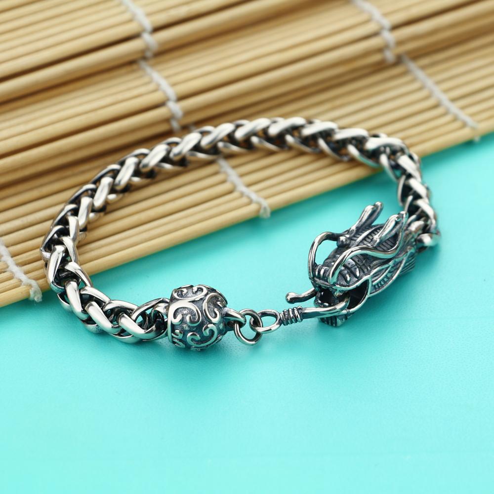 Retro Mode Männlich Thai Silber Armband 925 Sterling Silber 8 Mm20cm Breite Armband Echt Solide Silber Drachen Armband Mann schmuck