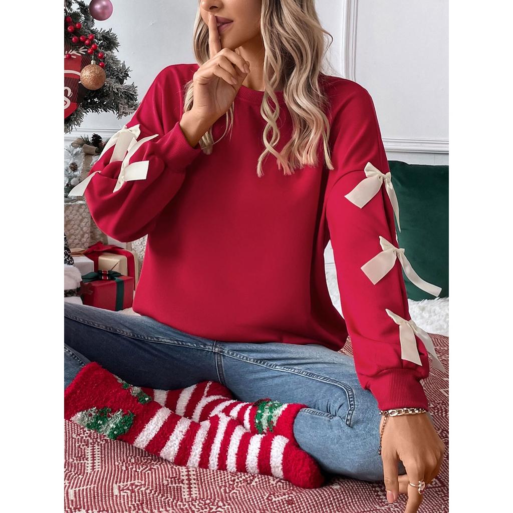 2025 Autumn Winter Women's Red Christmas Sweatshirt Sweet Style Round Neck Bowknot Pullover Top for Women