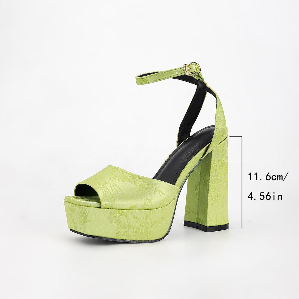 Nische grün superhoher Absatz eckiger Kopf Fischmaul Satin Übergröße Damen Schuhe Sandalen wasserdicht Tisch dicke Sohle