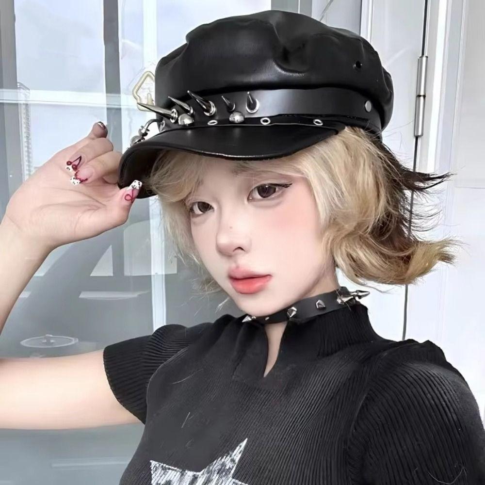 PU Leather Rivet Punk Cap Dark Retro Painter Hat Harajuku Gothic Spike Cap  Headdress