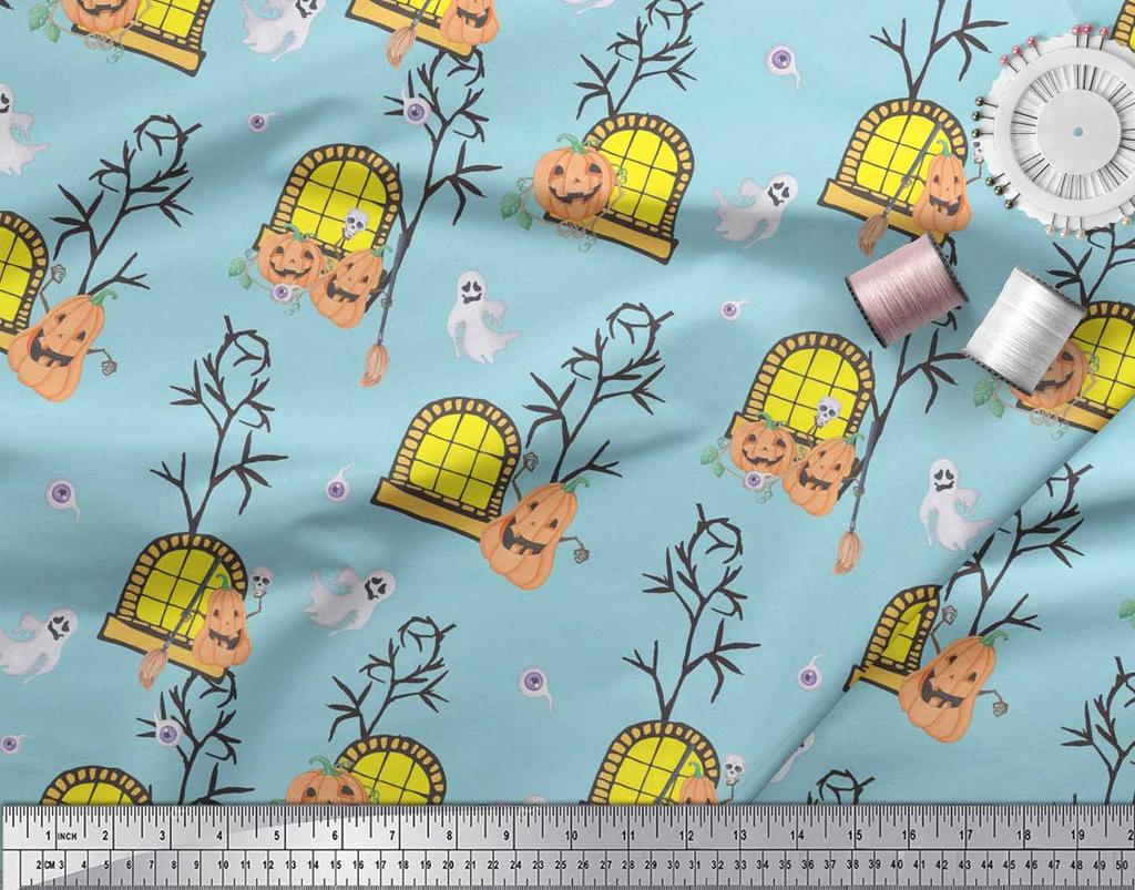 Soimoi Japonská krepová saténová látka Strašidelný dům, Dýně a Duch Halloweenská tištěná látka 1 metr 42 palců