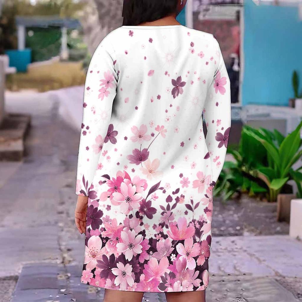 Women Plus Size Dark Green V Neck Long Sleeve Sunflower Printed Fitted Straight Dress