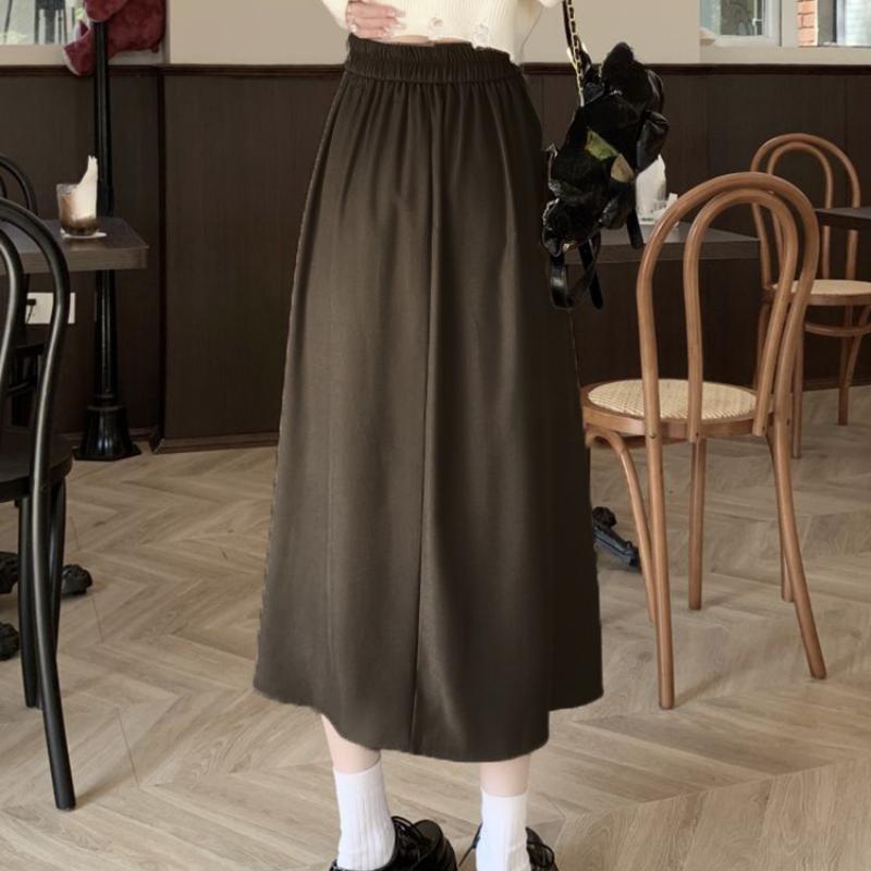 HOUZHOU Dlouhá skládaná sukně Dámské Vintage Korejská Móda Pevný Vysoký pas Midi Sukně do A Školka Elegantní Ležérní Podzim